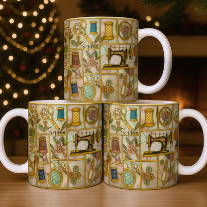 Craft Themed Personalized Mug Featuring Sewing Machine And Flowers