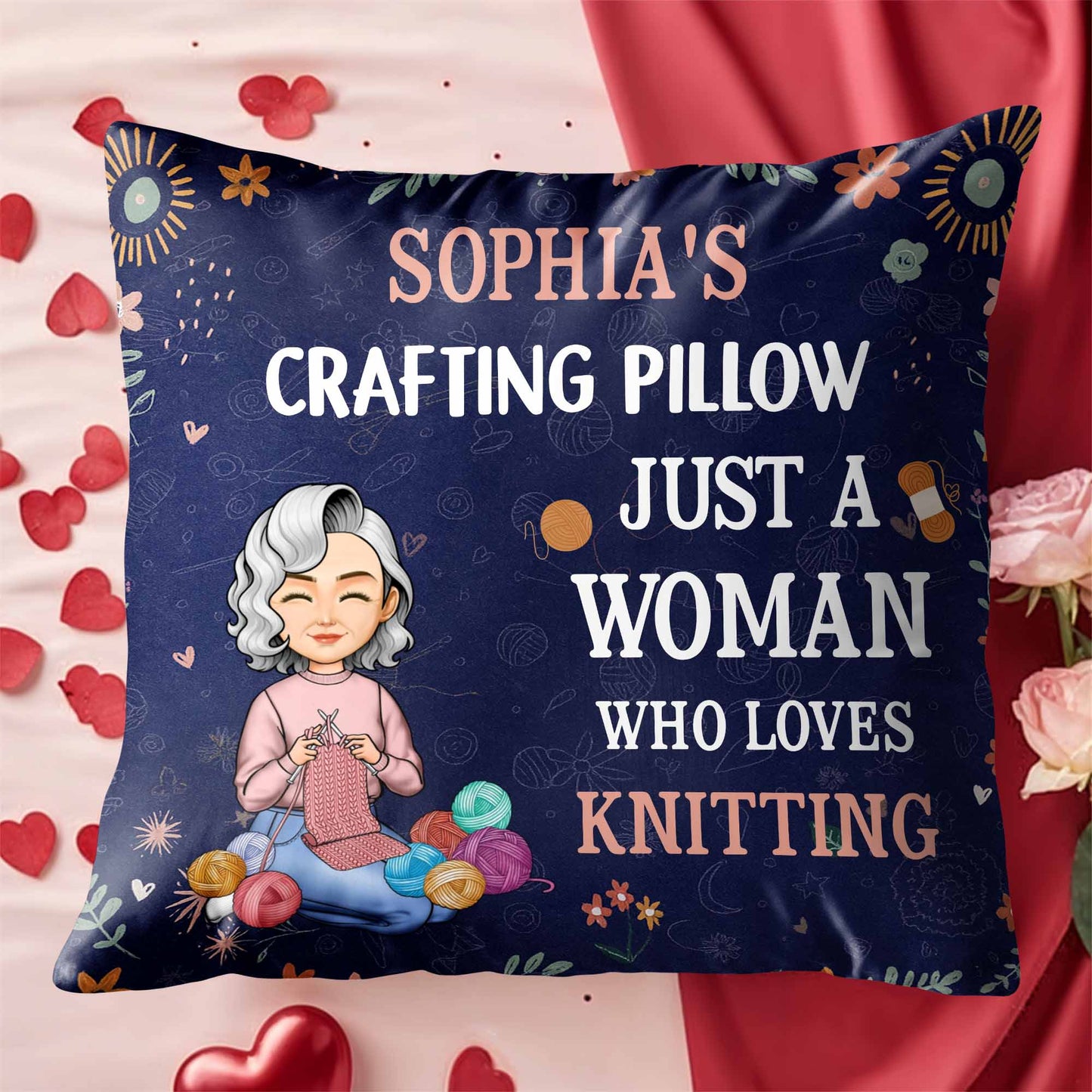 Just A Woman Who Loves Knitting, Yarn Balls And Flowers