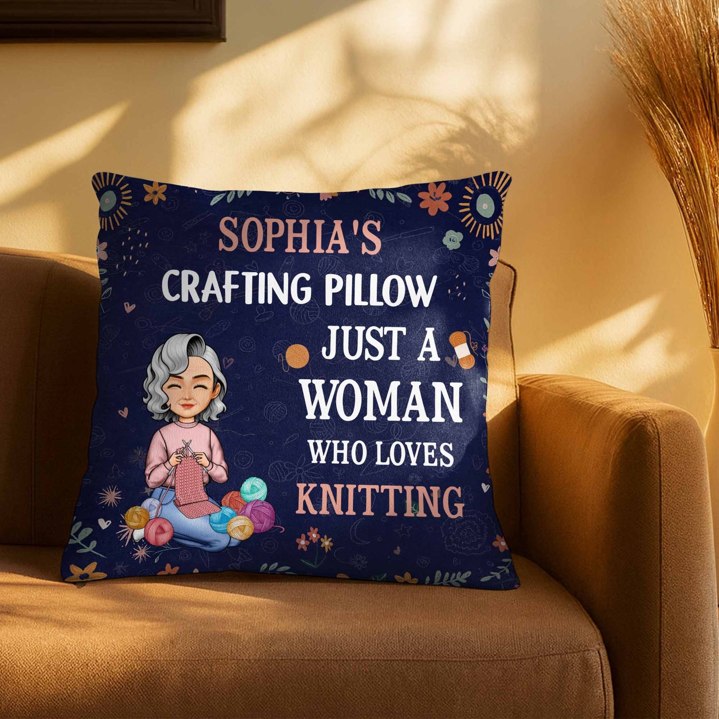 Just A Woman Who Loves Knitting, Yarn Balls And Flowers