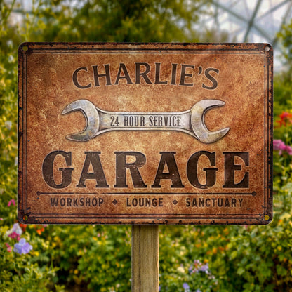 24 Hour Service Garage Lounge and Sanctuary - Personalized Metal Sign - HOB004_MSIGN