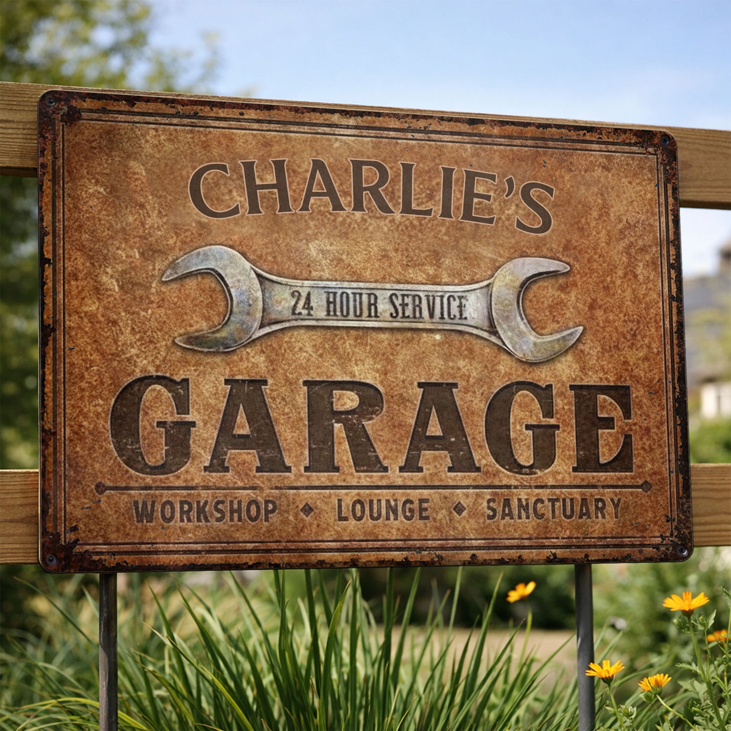 24 Hour Service Garage Lounge and Sanctuary - Personalized Metal Sign - HOB004_MSIGN