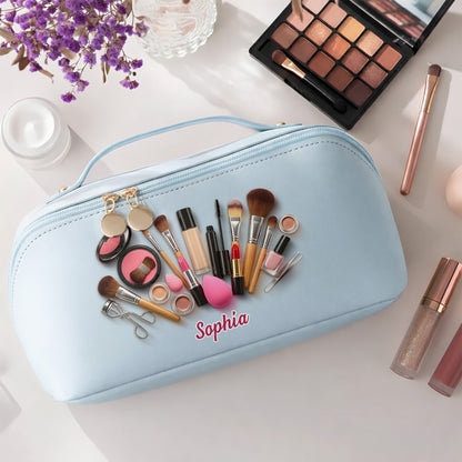 Sophia With Makeup Tools, Lipstick, And Brushes