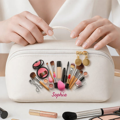 Sophia With Makeup Tools, Lipstick, And Brushes