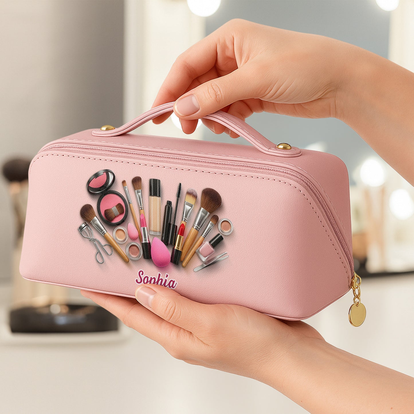 Sophia With Makeup Tools, Lipstick, And Brushes