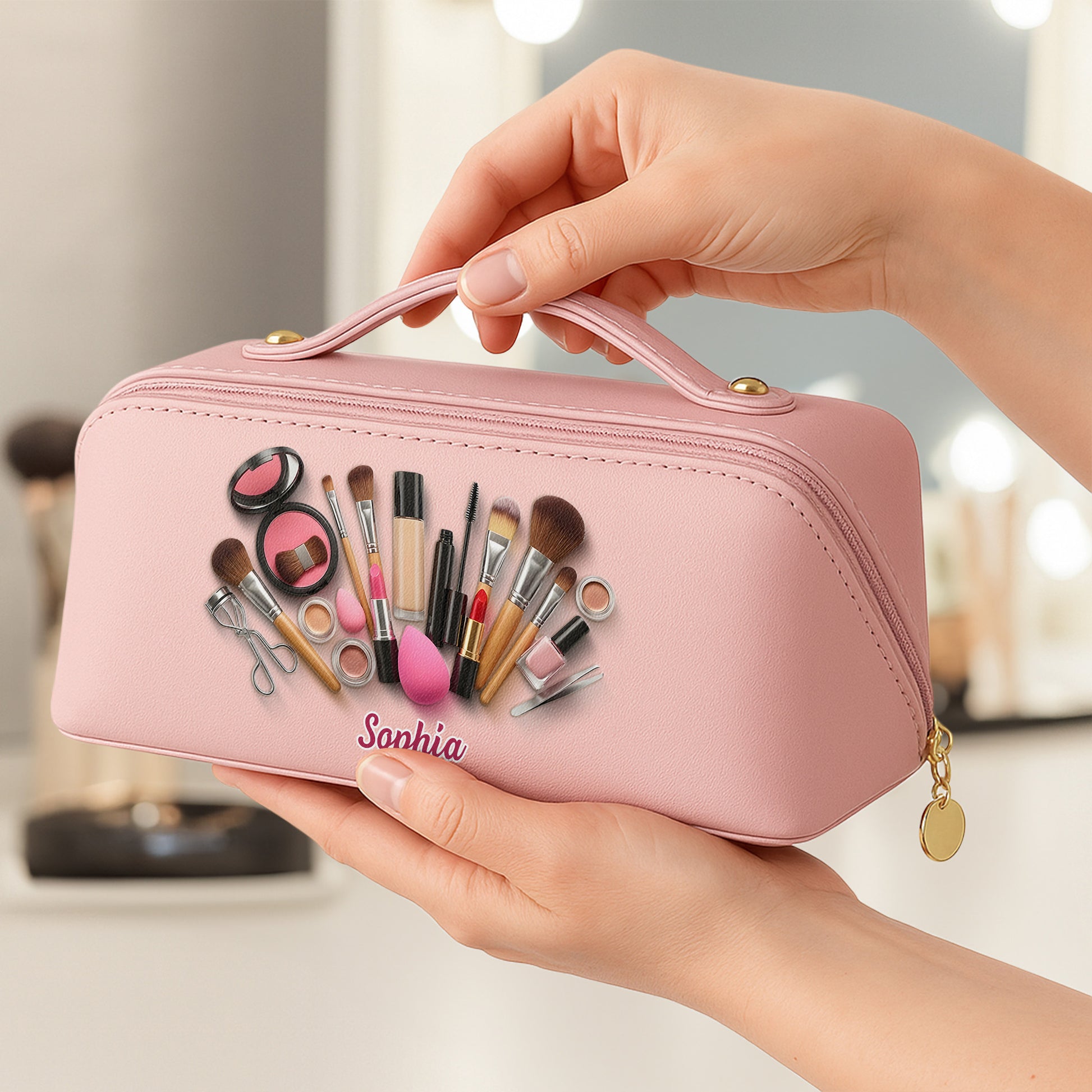 Sophia With Makeup Tools, Lipstick, And Brushes