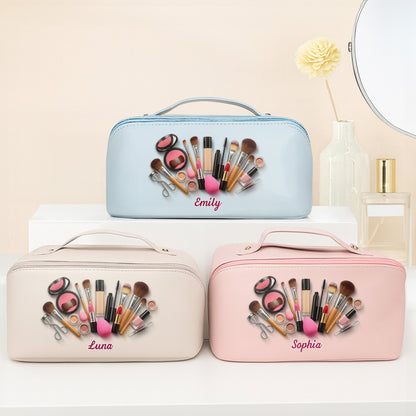 Sophia With Makeup Tools, Lipstick, And Brushes