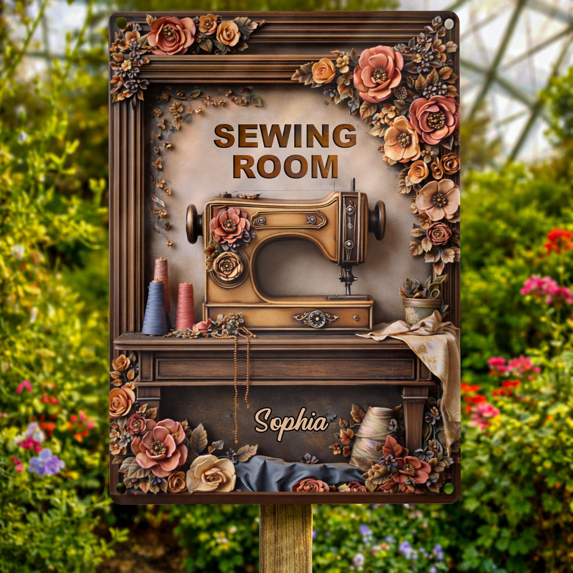 Sewing Room With Vintage Sewing Machine And Flowers