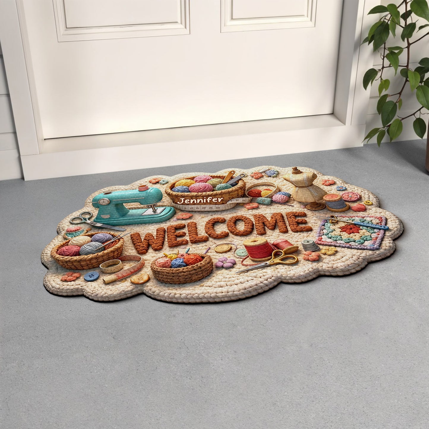 Welcome Craft Lovers Doormat Featuring Sewing And Knitting Tools