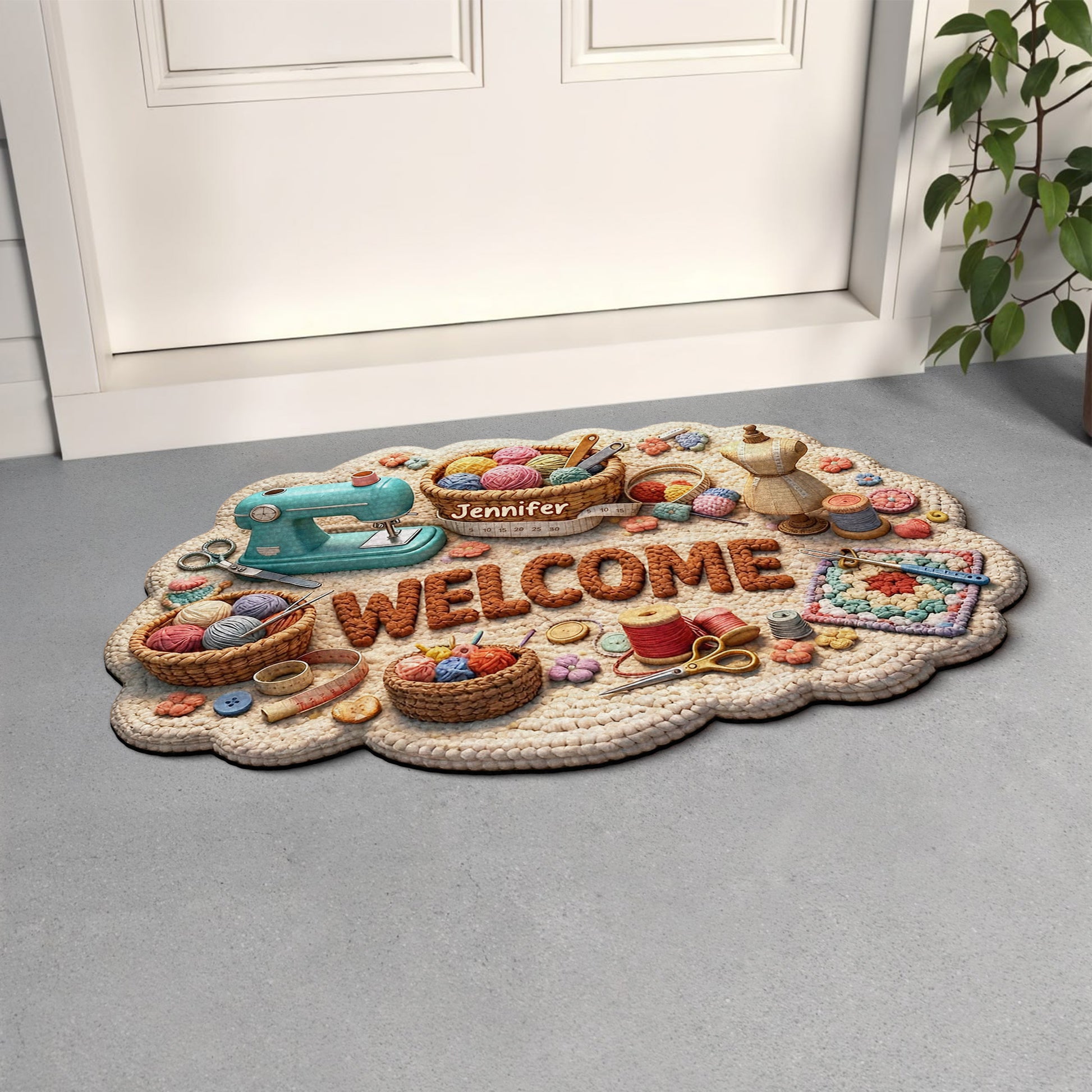 Welcome Craft Lovers Doormat Featuring Sewing And Knitting Tools