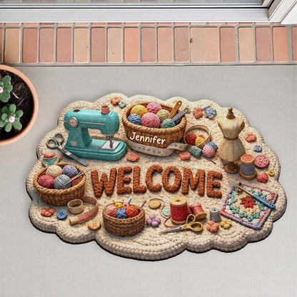 Welcome Craft Lovers Doormat Featuring Sewing And Knitting Tools