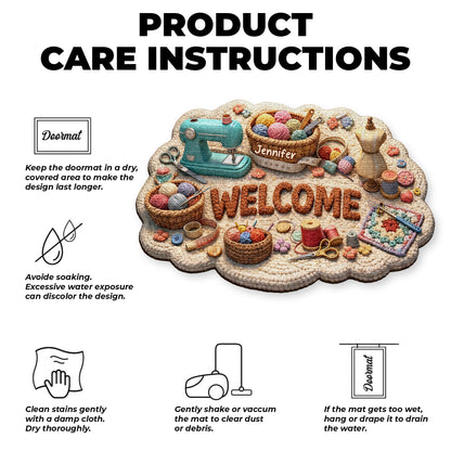Welcome Craft Lovers Doormat Featuring Sewing And Knitting Tools
