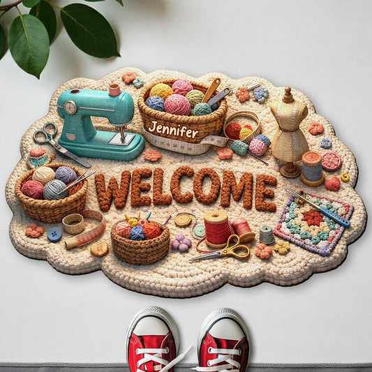 Welcome Craft Lovers Doormat Featuring Sewing And Knitting Tools
