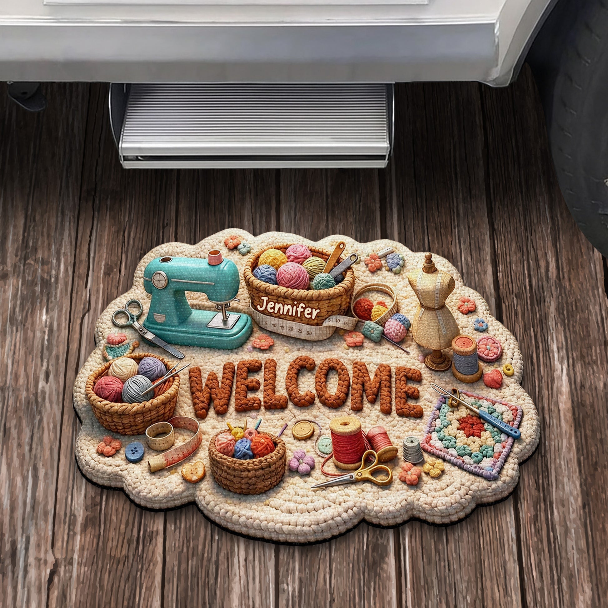 Welcome Craft Lovers Doormat Featuring Sewing And Knitting Tools