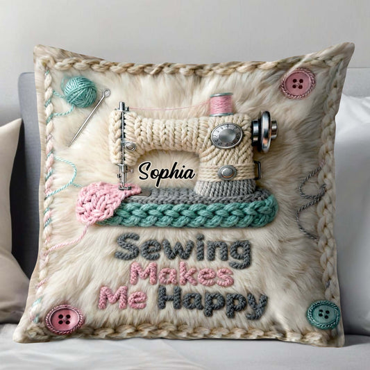 Sewing Makes Me Happy Pillow With Yarn And Buttons