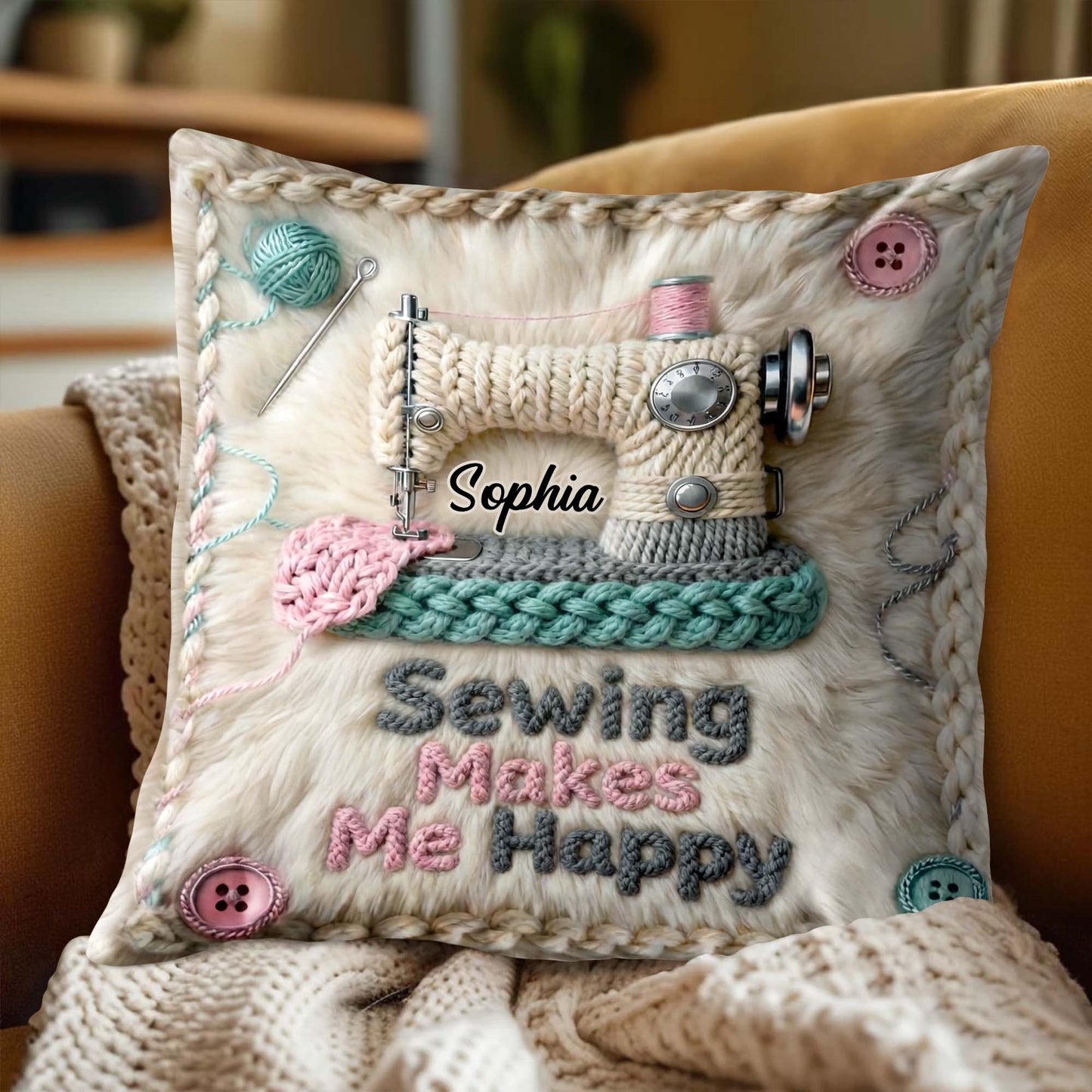 Sewing Makes Me Happy Pillow With Yarn And Buttons