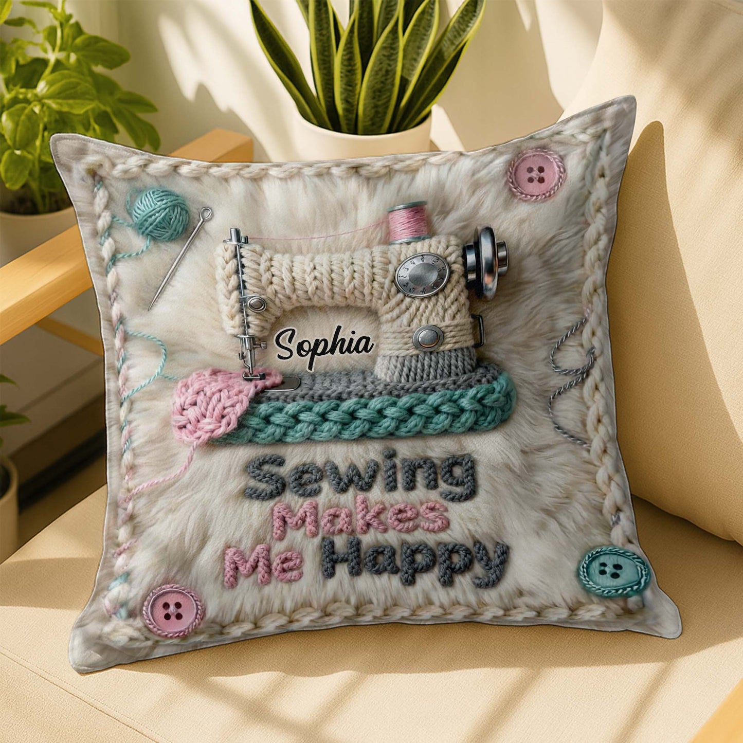 Sewing Makes Me Happy Pillow With Yarn And Buttons