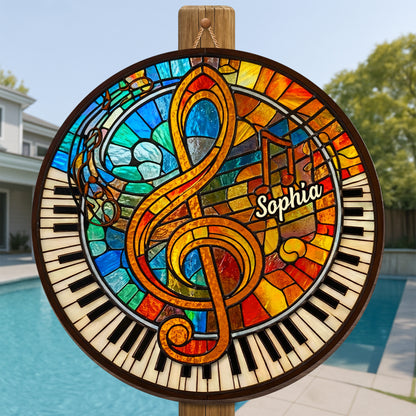 Music and Harmony Stained Glass With Piano and Notes