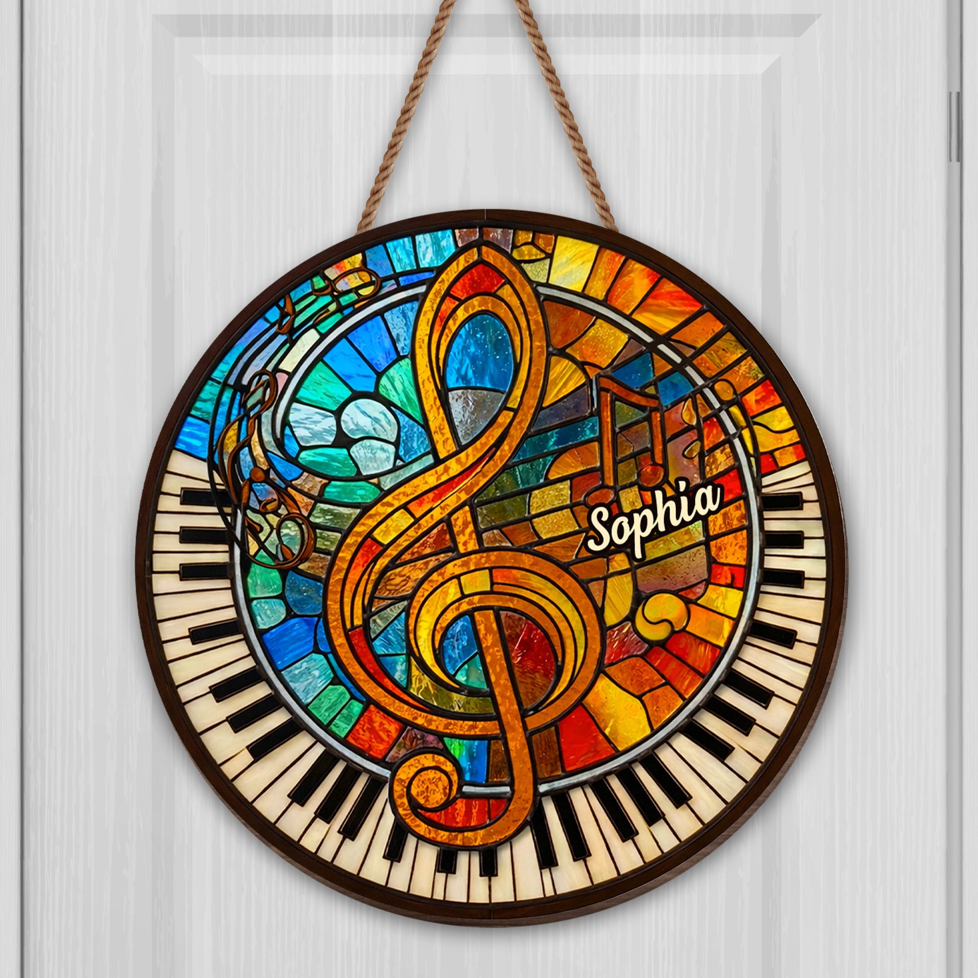 Music and Harmony Stained Glass With Piano and Notes