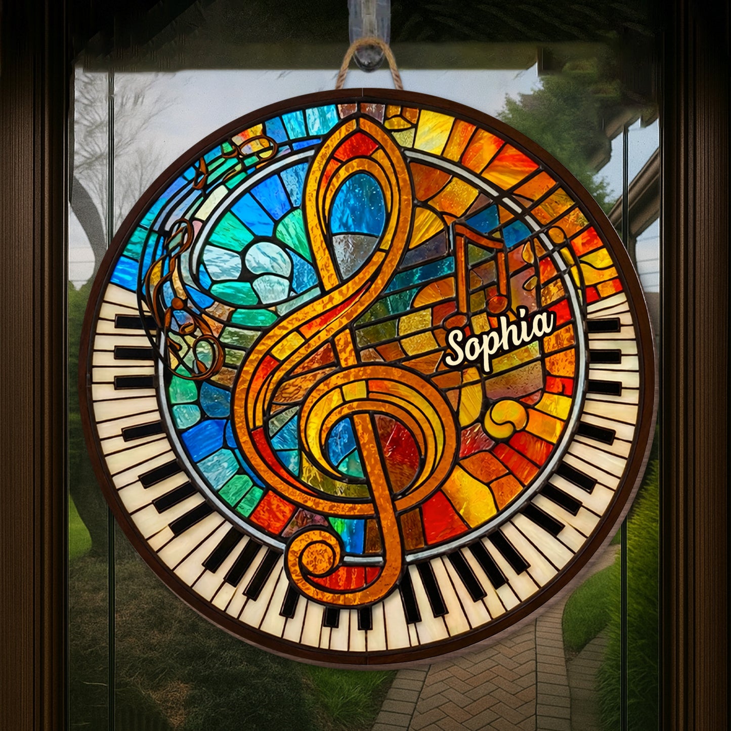 Music and Harmony Stained Glass With Piano and Notes