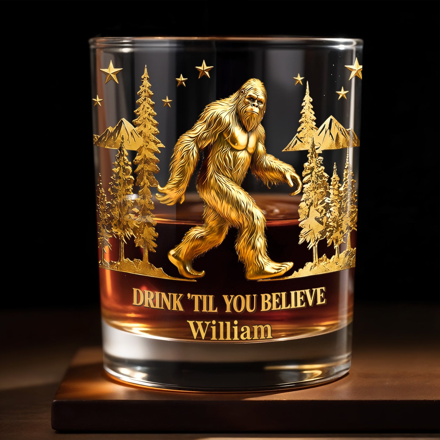 Drink Till You Believe With Bigfoot And Trees - Personalized Custom Whiskey Glass - HOB067_RWG