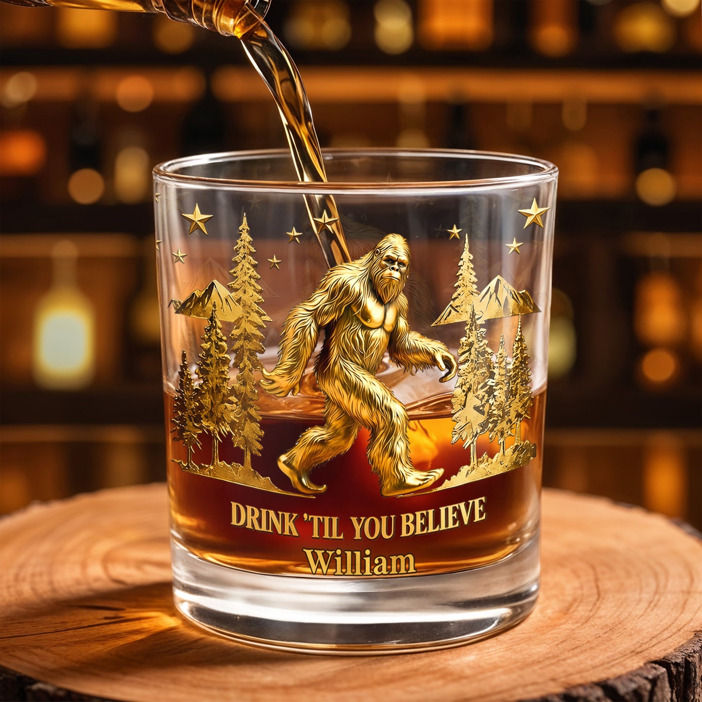 Drink Till You Believe With Bigfoot And Trees - Personalized Custom Whiskey Glass - HOB067_RWG