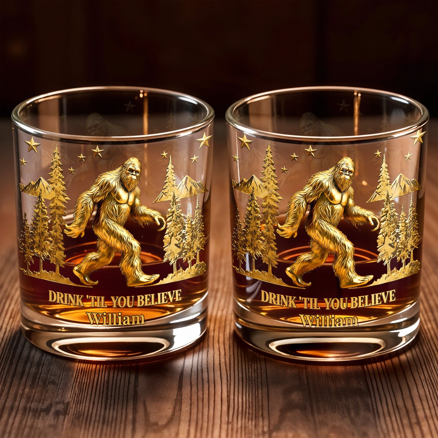 Drink Till You Believe With Bigfoot And Trees - Personalized Custom Whiskey Glass - HOB067_RWG