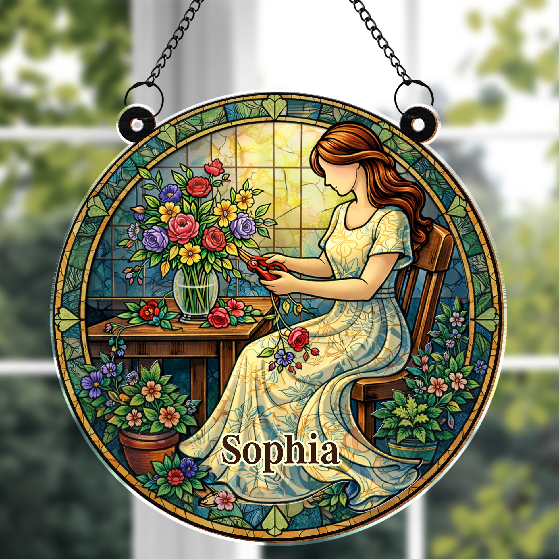 A Woman Arranging Her Beautiful Garden Flowers Stained Glass Art