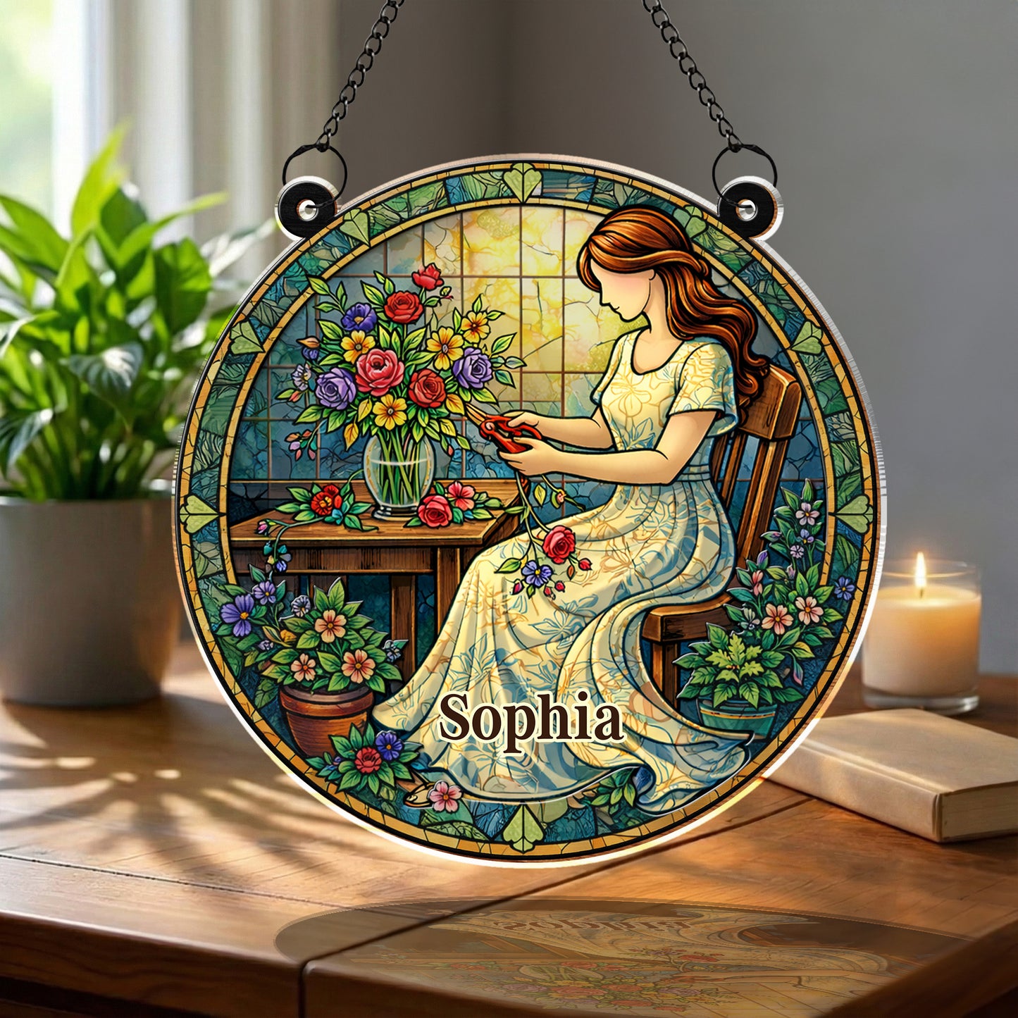 A Woman Arranging Her Beautiful Garden Flowers Stained Glass Art