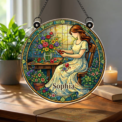 A Woman Arranging Her Beautiful Garden Flowers Stained Glass Art