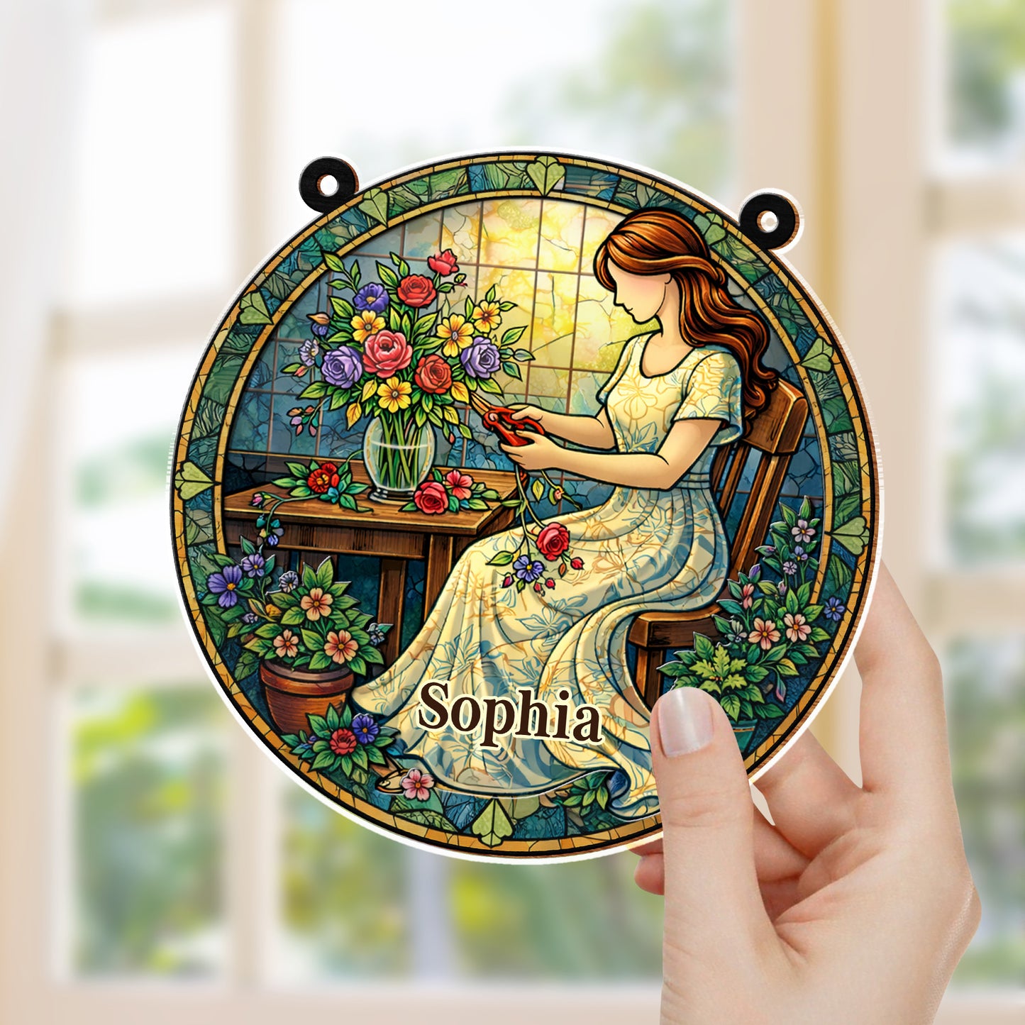 A Woman Arranging Her Beautiful Garden Flowers Stained Glass Art