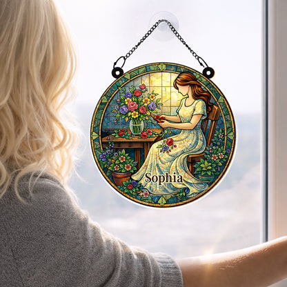 A Woman Arranging Her Beautiful Garden Flowers Stained Glass Art