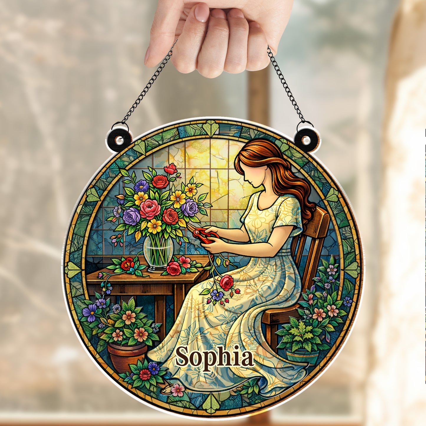 A Woman Arranging Her Beautiful Garden Flowers Stained Glass Art