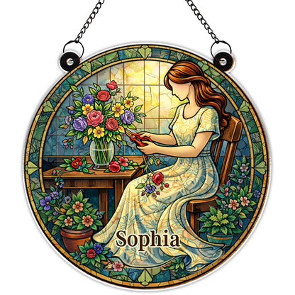 A Woman Arranging Her Beautiful Garden Flowers Stained Glass Art