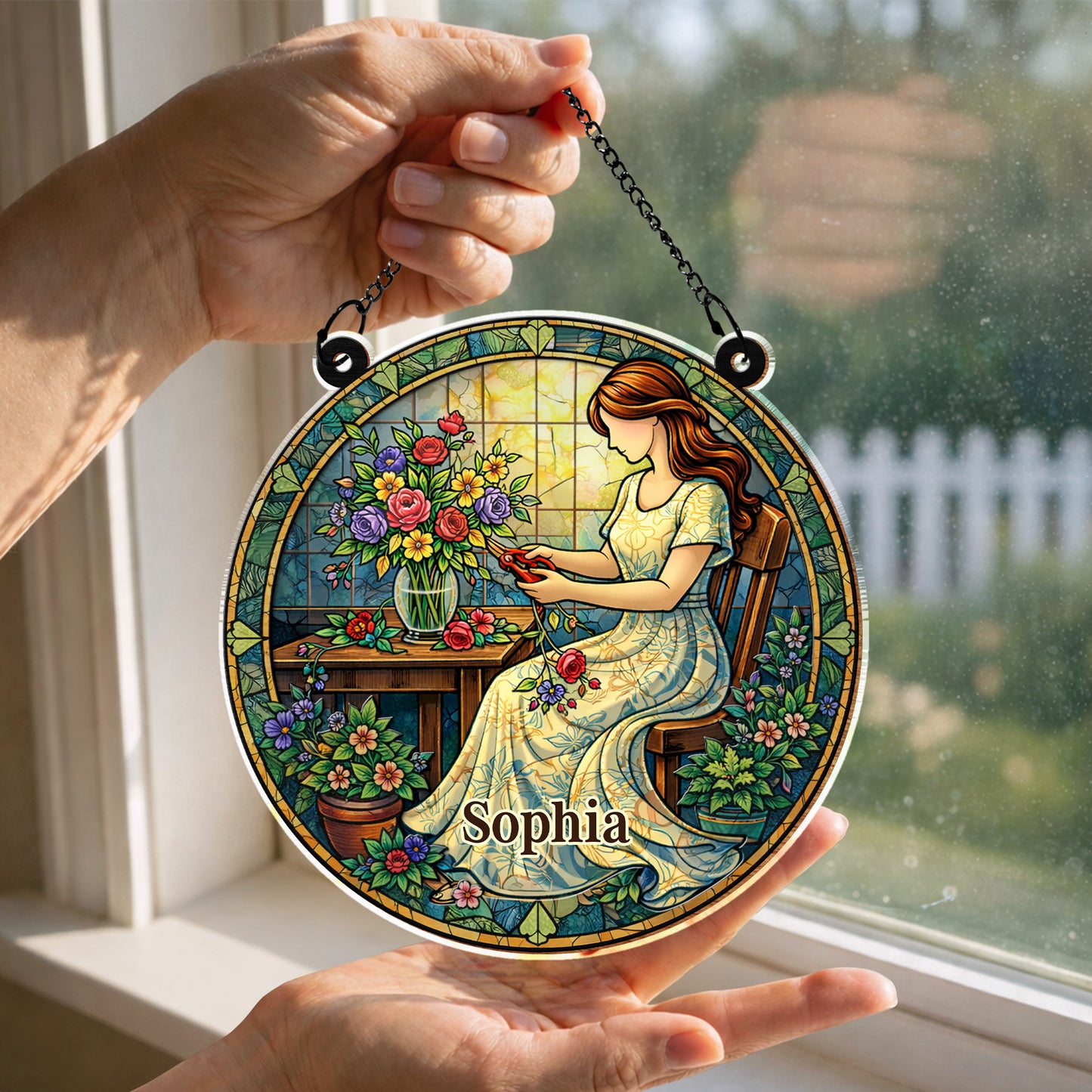 A Woman Arranging Her Beautiful Garden Flowers Stained Glass Art