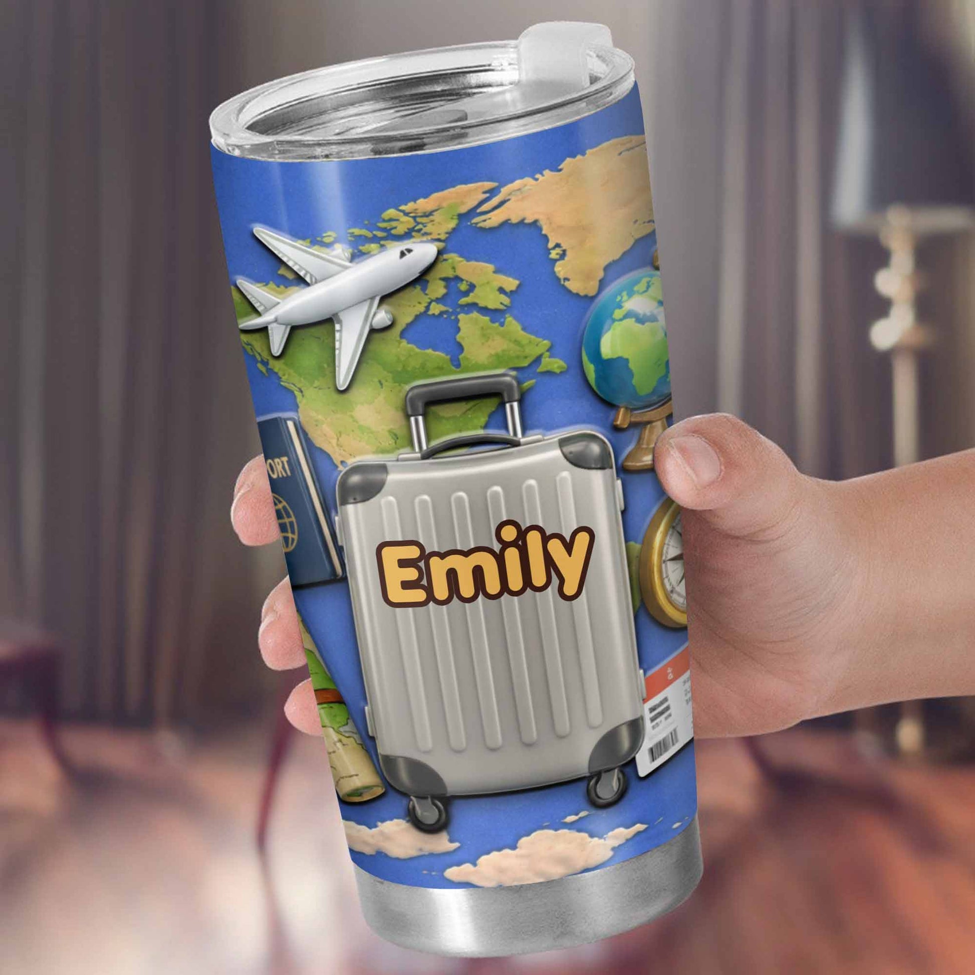 Customizable Stainless Steel Tumbler With Globe And Airplane