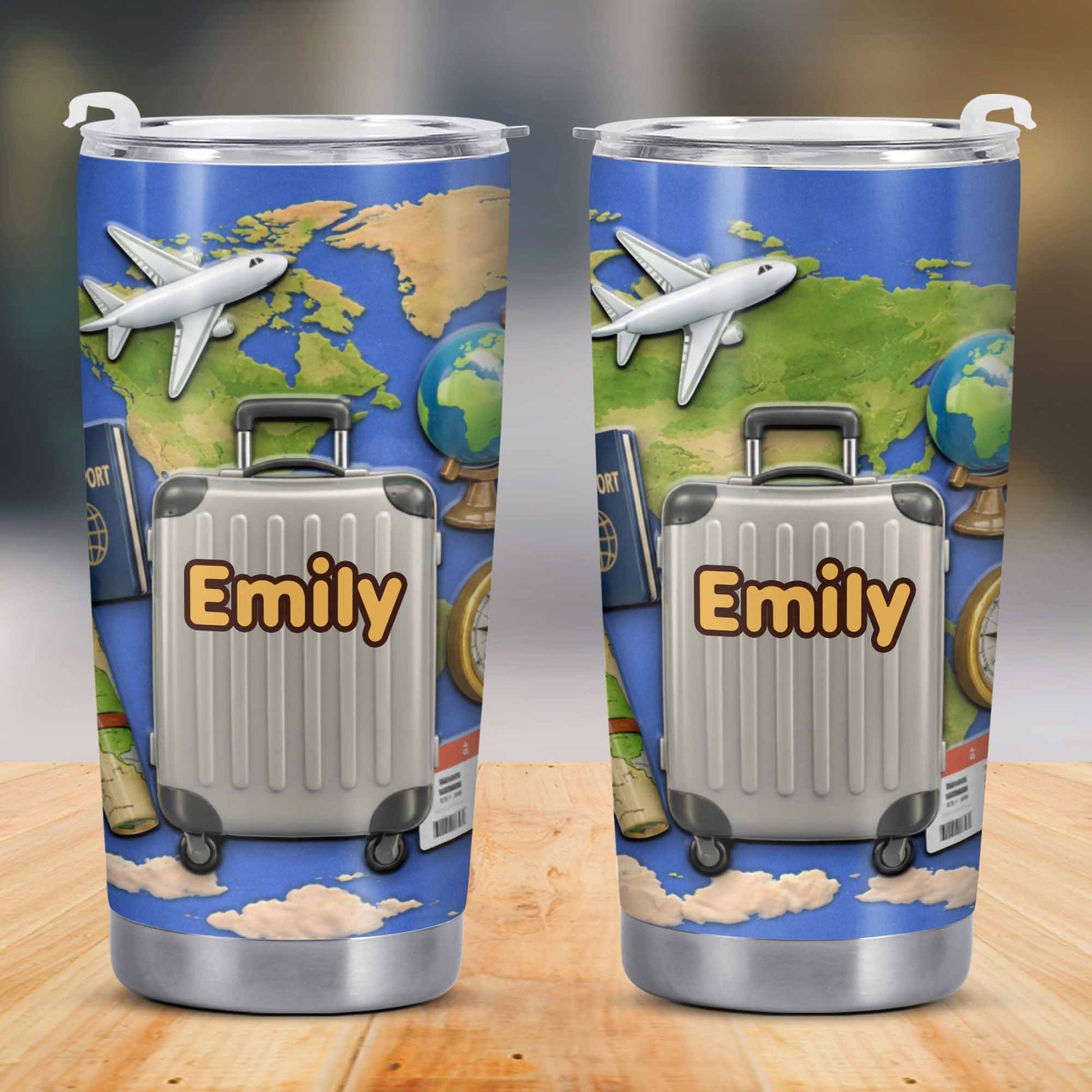 Customizable Stainless Steel Tumbler With Globe And Airplane