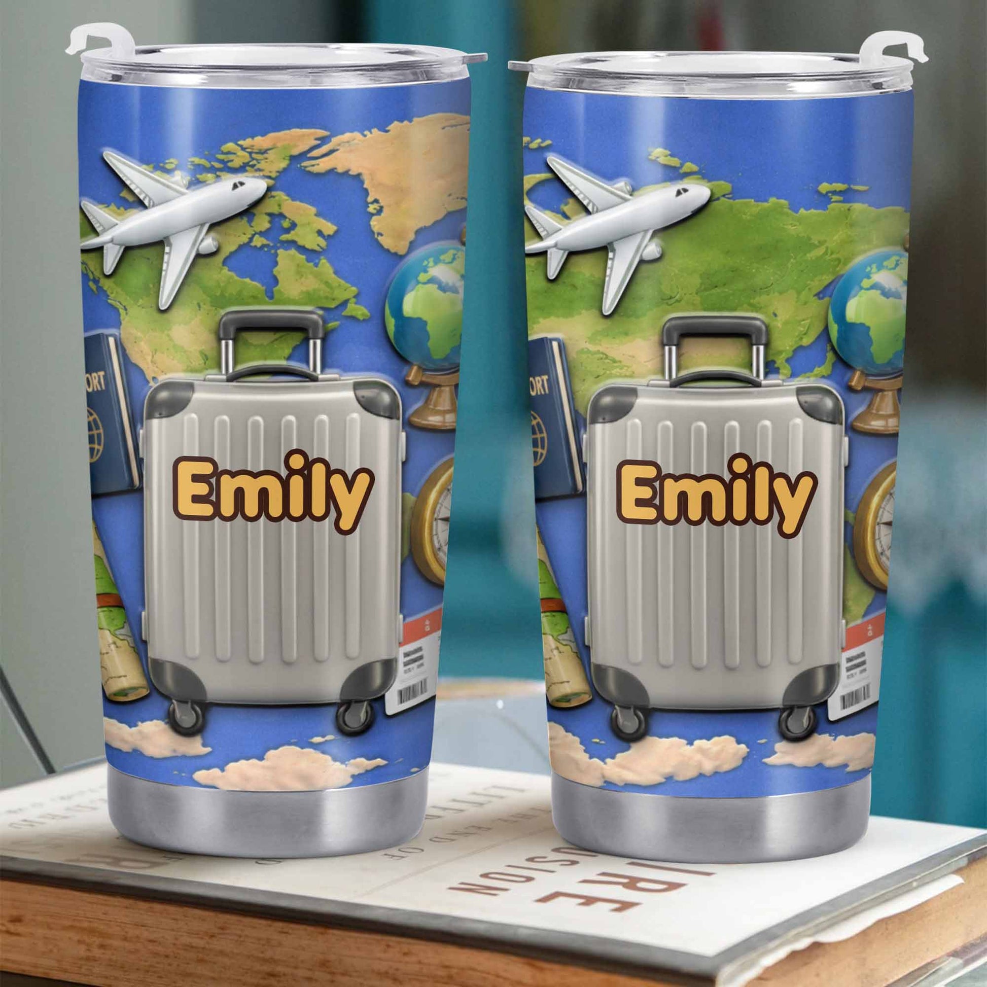 Customizable Stainless Steel Tumbler With Globe And Airplane