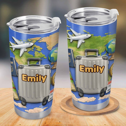 Customizable Stainless Steel Tumbler With Globe And Airplane