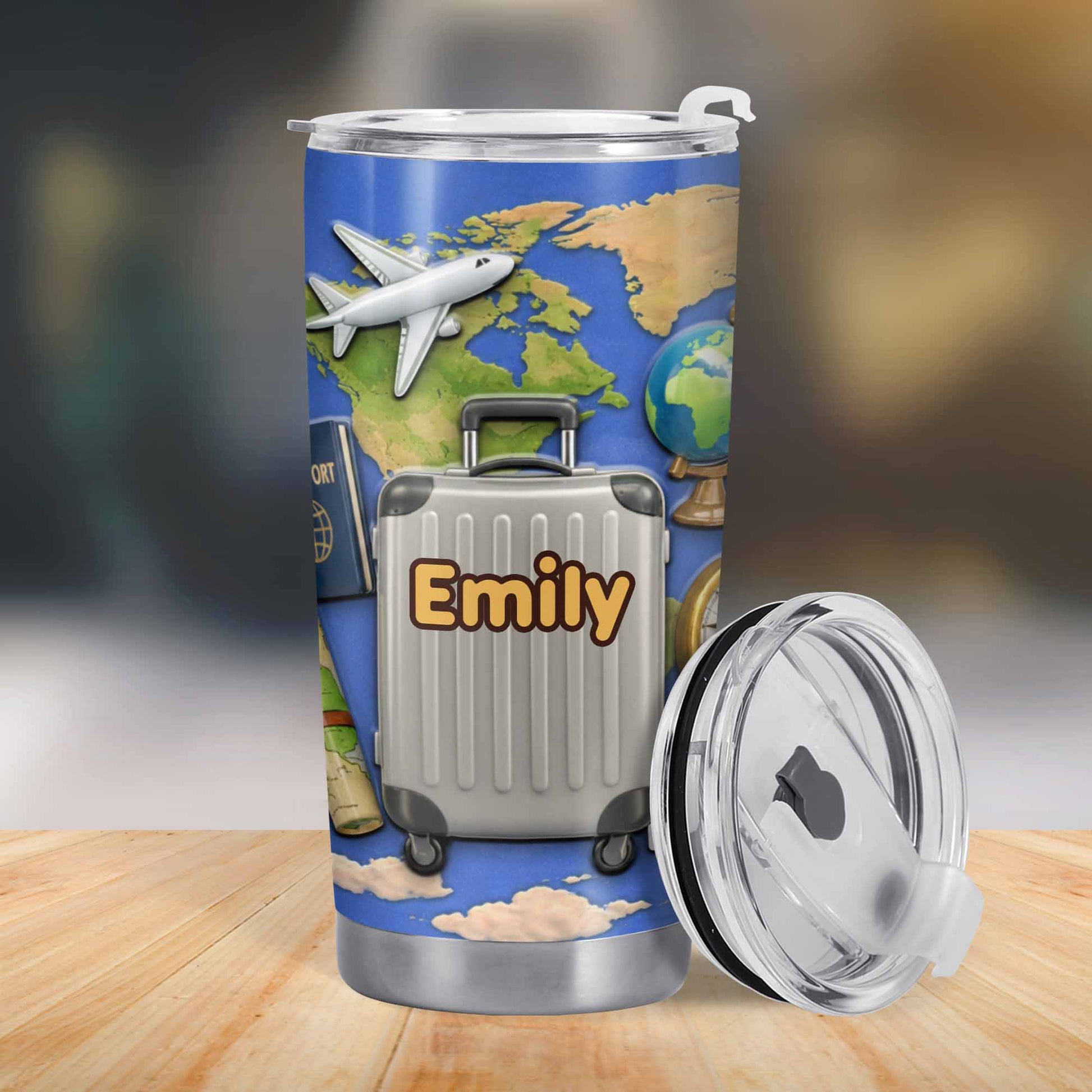 Customizable Stainless Steel Tumbler With Globe And Airplane