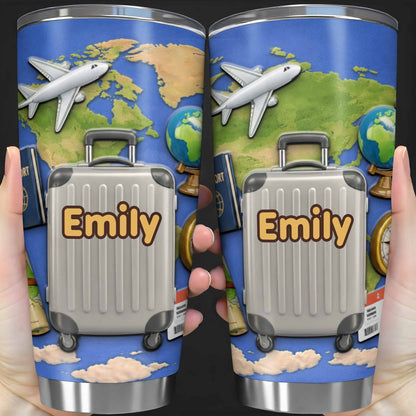 Customizable Stainless Steel Tumbler With Globe And Airplane