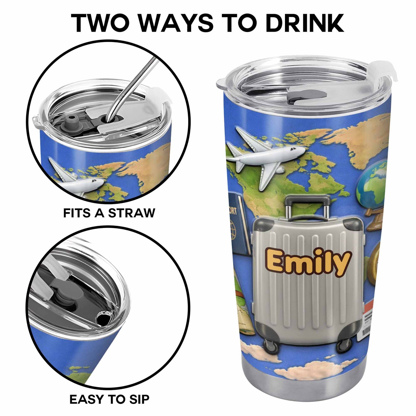 Customizable Stainless Steel Tumbler With Globe And Airplane