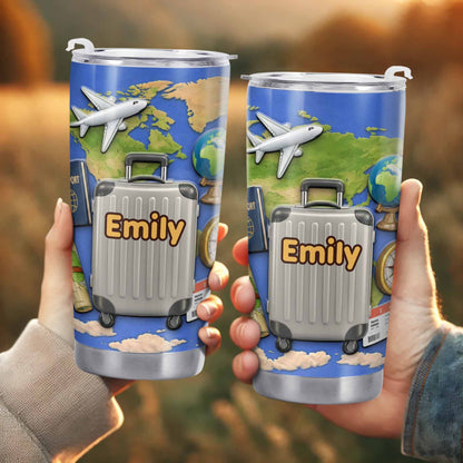 Customizable Stainless Steel Tumbler With Globe And Airplane