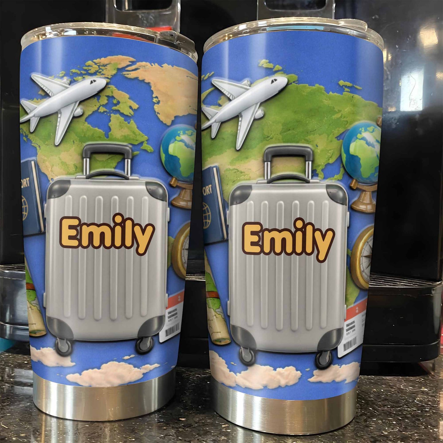 Customizable Stainless Steel Tumbler With Globe And Airplane