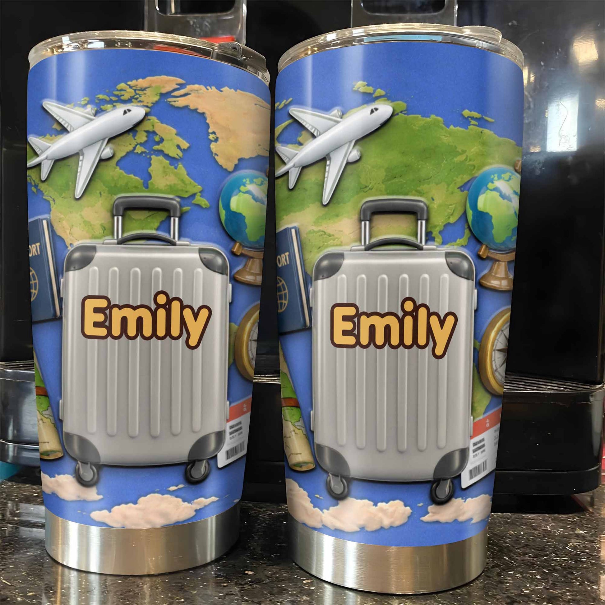 Customizable Stainless Steel Tumbler With Globe And Airplane