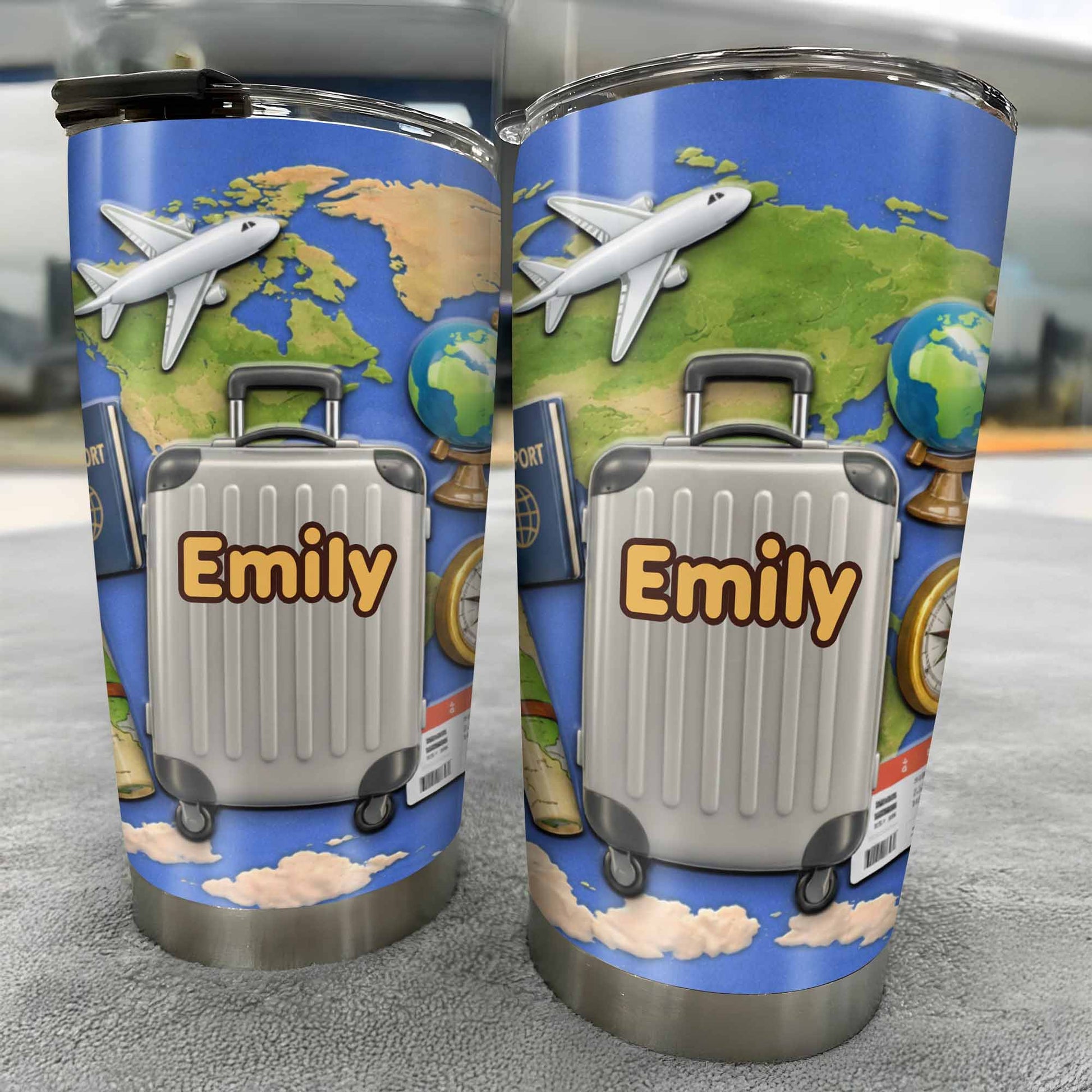 Customizable Stainless Steel Tumbler With Globe And Airplane