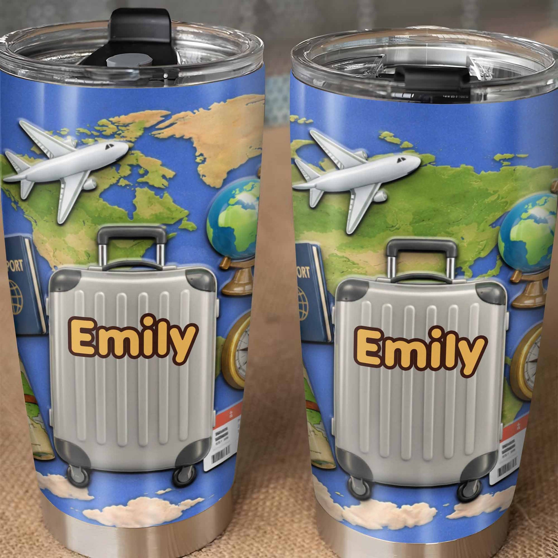 Customizable Stainless Steel Tumbler With Globe And Airplane