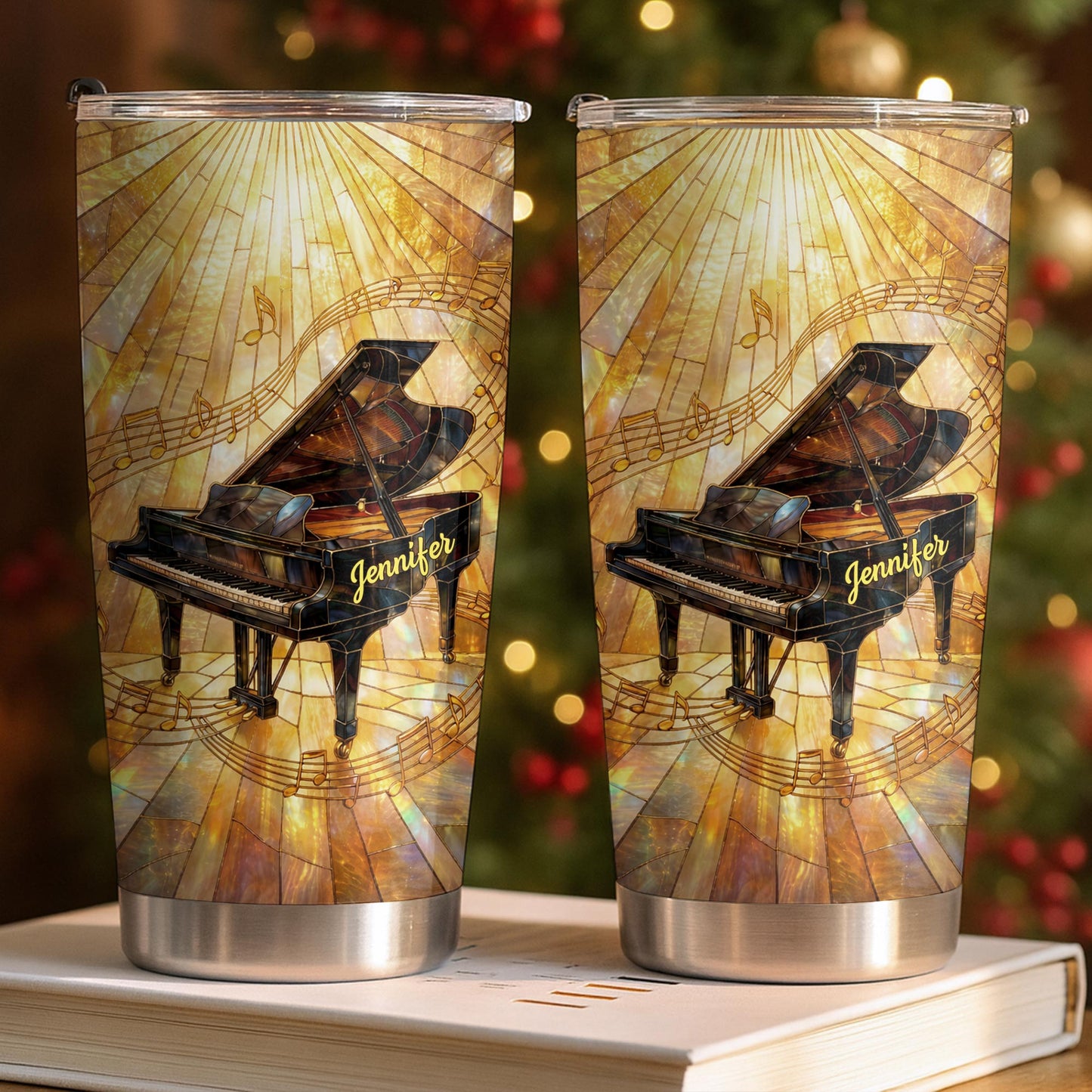 Grand Piano Surrounded By A Symphony Of Musical Notes And Light