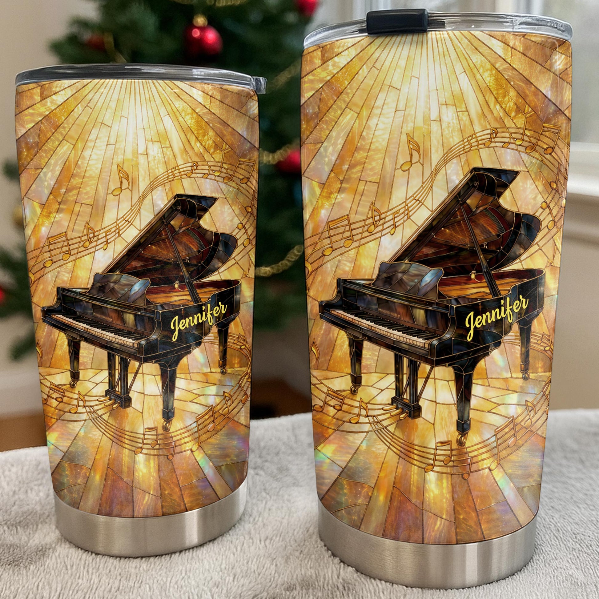 Grand Piano Surrounded By A Symphony Of Musical Notes And Light