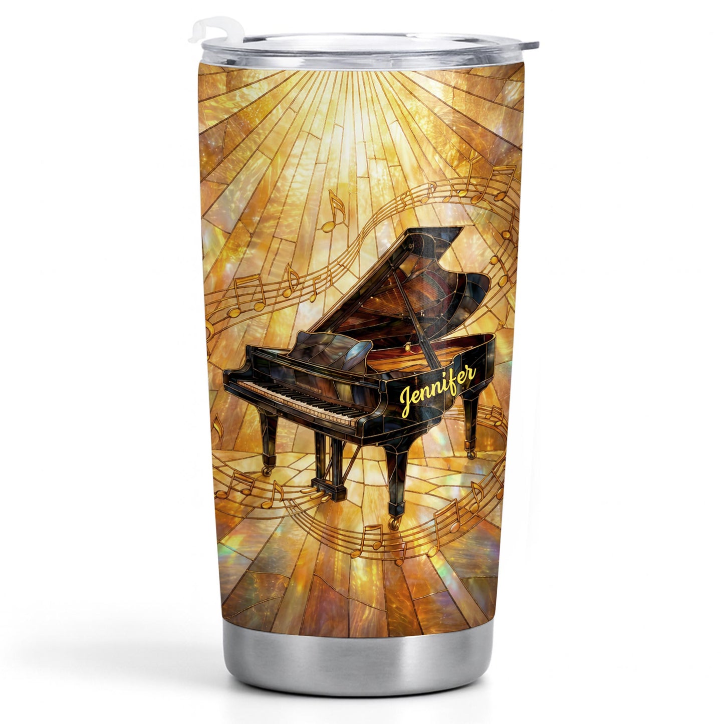 Grand Piano Surrounded By A Symphony Of Musical Notes And Light