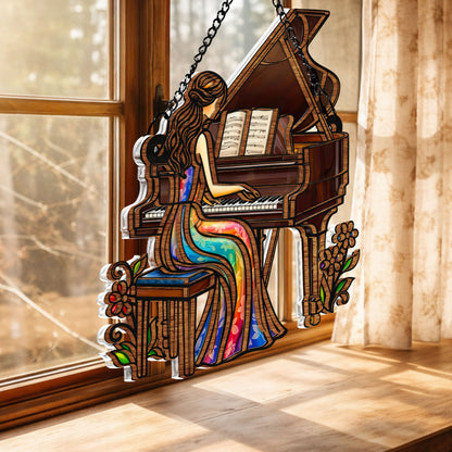 Music Is The Language Of The Soul Woman Playing Grand Piano And Flowers